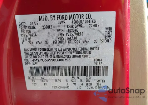 2006 Mercury Mariner Luxury/Premier z USA, uszkodzony, nr VIN 4M2YU56116DJ06795